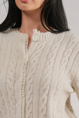 Urban Daizy Ivory Cable-Knit Cardigan with Lace Ruffle Trim