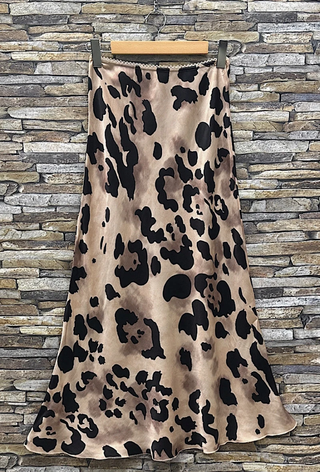 LOOWIE - ESLSB Beige Leopard Satin Midi Skirt with Lace Trim Viscose
