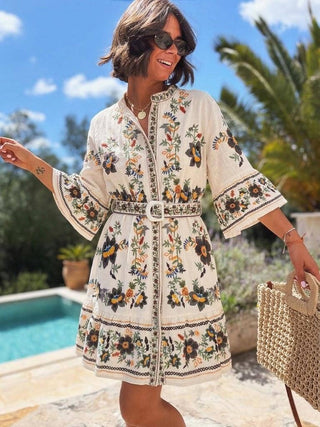 LOOWIE Black Printed Cotton Ruffle Shirt Dress