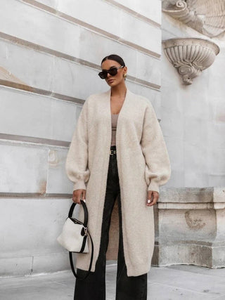 LOOWIE Ecru Alpaca-Wool Longline Puff-Sleeve Cardigan | Made in Italy