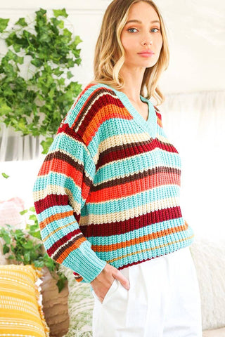 V-Neck Multi Color Striped Knitted Sweater