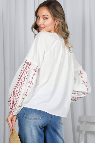 100% Cotton Boho Embroidered Blouse with Burgundy Thread | Women's Boutique Top & Love - Bohemian Embroidered Split Neck Cotton Blouse Top VT82867