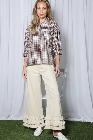 100% Cotton Gingham Shirt Jacket with Ruffle Back | Women's Boutique Fashion