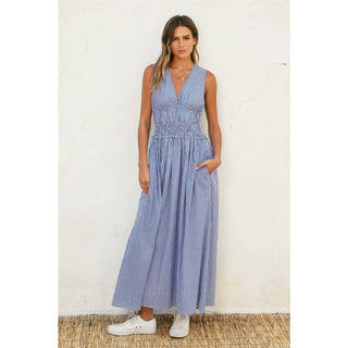 Dress Forum - Stripe V Neck Shirred Waist Midi Dress (1)