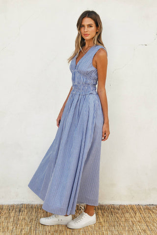 Dress Forum - Stripe V Neck Shirred Waist Midi Dress (1)