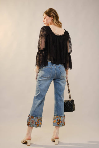 Blue B Embroidered Cuffed Cropped Jeans – Medium Wash