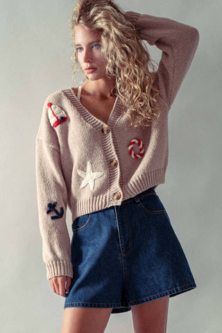 Urban Daizy - Crochet Patch Cardigan–Nautical Motifs, Relaxed Cropped Fit