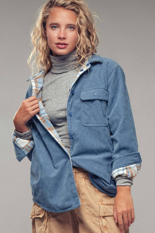 Urban Daizy - Plaid Flannel-Lined Corduroy Shacket