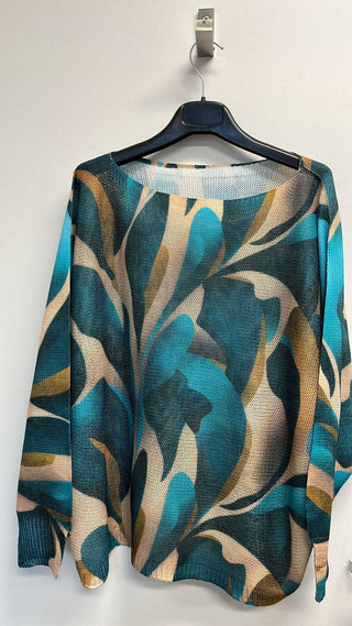 LOOWIE Teal Leaf Print Italian Knit Sweater