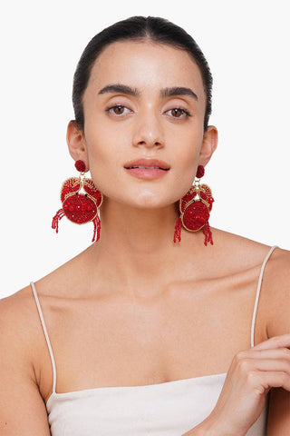Handmade Beaded Crab Earrings | Coastal Statement Earrings in Red &amp; Gold