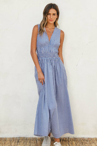 Dress Forum - Stripe V Neck Shirred Waist Midi Dress (1)