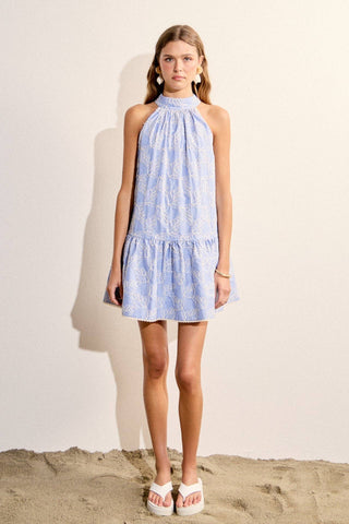 English Factory - Stripe with Embroidered Halter Mini Dress