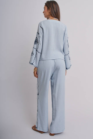 Urban Daizy - Seashell Embroidered Linen Blend Wide Leg Pants