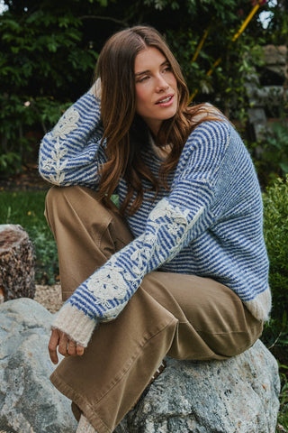 Urban Daizy - Floral Embroidered Striped Knit Sweater
