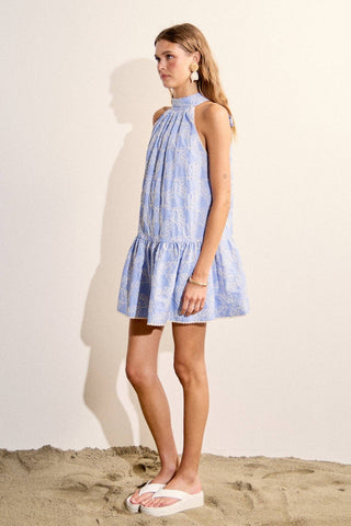 English Factory - Stripe with Embroidered Halter Mini Dress