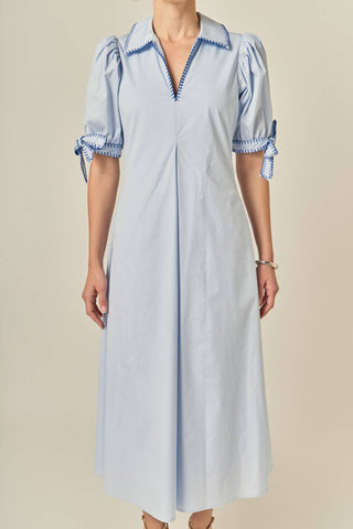 English Factory Stitch Detail Midi Dress | Cotton Puff Sleeve Dress