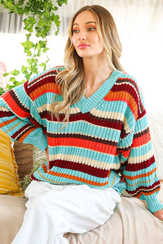 V-Neck Multi Color Striped Knitted Sweater