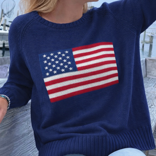 Pink Pineapple - Pink Pineapple Vintage Flag Boyfriend Sweater – 100% Cotton Patriotic Knitampus Boyfriend Flag Sweater In Navy