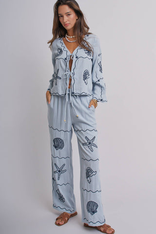 Urban Daizy - Seashell Embroidered Linen Blend Wide Leg Pants