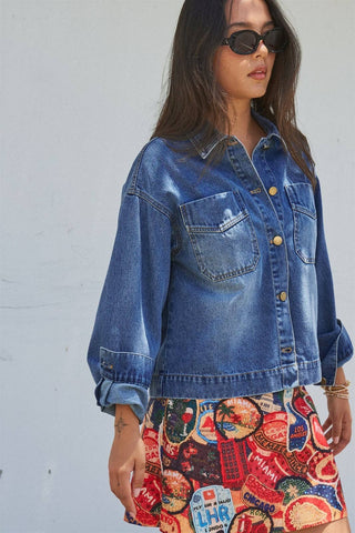 Urban Daizy - Vintage Wash Denim Shirt Jacket With Gold Buttons