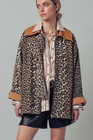 Urban Daizy - Leopard Print Corduroy Collar Barn Jacket