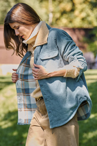 Urban Daizy - Plaid Lined Corduroy Flannel Shacket