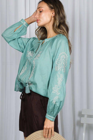 Vine & Love - Bohemian Embroidered Split Neck Blouse Top VT83131