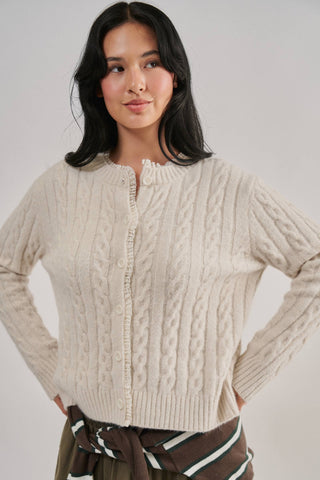 Urban Daizy Ivory Cable-Knit Cardigan with Lace Ruffle Trim