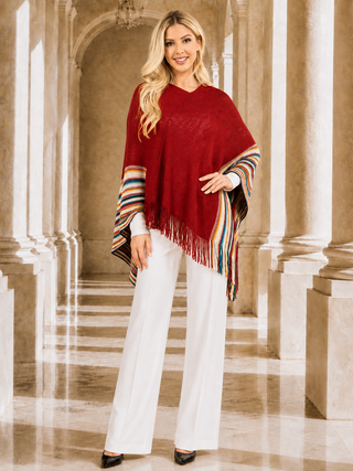 Designer House Striped Fringe Knit Poncho