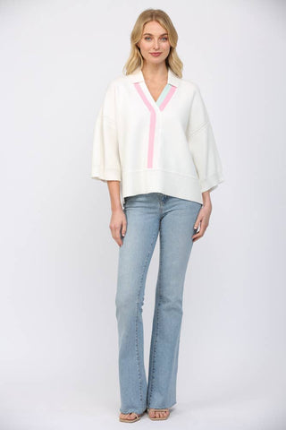 FATE - STRIPED VNECKLINE WITH COLLAR DETAIL 3/4 SLV SWEATER FW15756