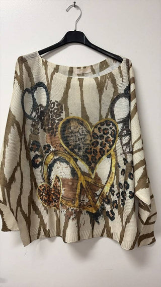 LOOWIE Peace Heart Zebra Italian Knit Sweater