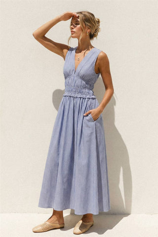 Dress Forum - Stripe V Neck Shirred Waist Midi Dress (1)