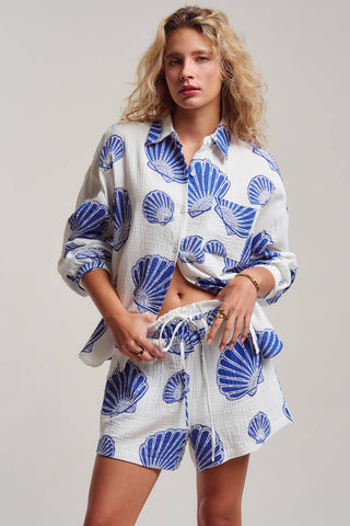 Urban Daizy - Seaside Blue Shell Cotton Gauze Shirt & Short Set