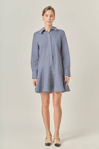 English Factory Stripe Collar Flared Mini Dress | Cotton Blend Shirt Dress