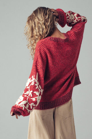 Urban Daizy - Floral Embroidered Striped Knit Sweater