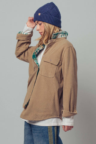 Urban Daizy - Plaid Flannel-Lined Corduroy Shacket