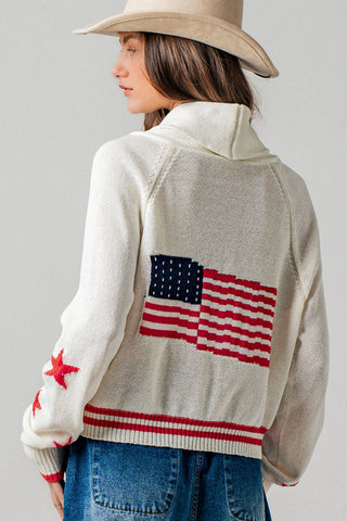 Patriotic American Flag Shawl Collar Cardigan Sweater- Urban Daizy