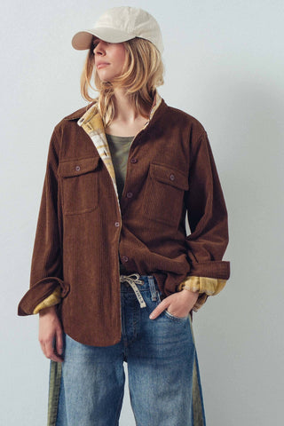 Urban Daizy - Plaid Flannel-Lined Corduroy Shacket