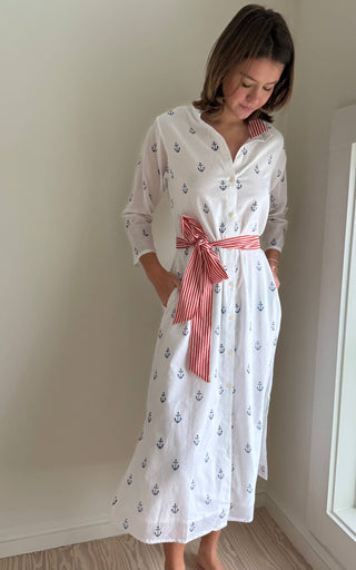 Pink Pineapple Exclusive Cotton Shirt Dress – Patriotic Resort Dress with Sash &amp; Pockets