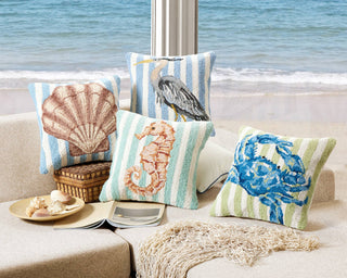 Blue Crab Hand-Hooked Wool Throw Pillow | Coastal Nautical Accent Pillow 16" x 16"