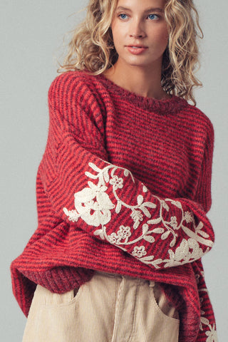 Urban Daizy - Floral Embroidered Striped Knit Sweater