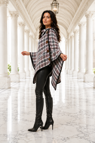 Designer House Plaid Button Front Cowl Neck Capelet