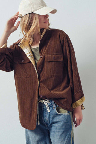Urban Daizy - Plaid Flannel-Lined Corduroy Shacket
