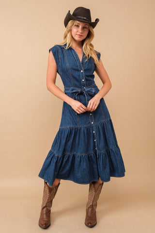 Blue B Belted Button-Up Tiered Midi Dress