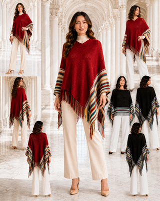 Designer House Striped Fringe Knit Poncho