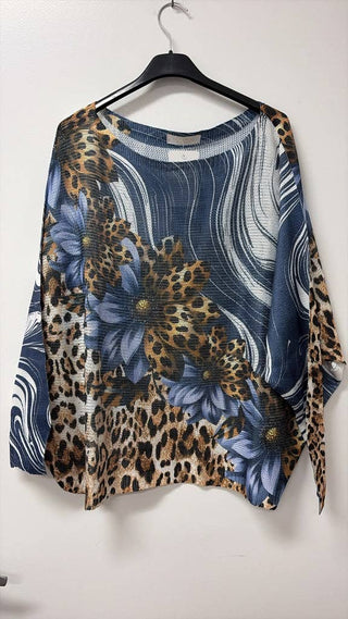 LOOWIE Navy Leopard Daisy Italian Knit Sweater
