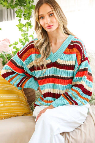 V-Neck Multi Color Striped Knitted Sweater