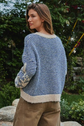 Urban Daizy - Floral Embroidered Striped Knit Sweater