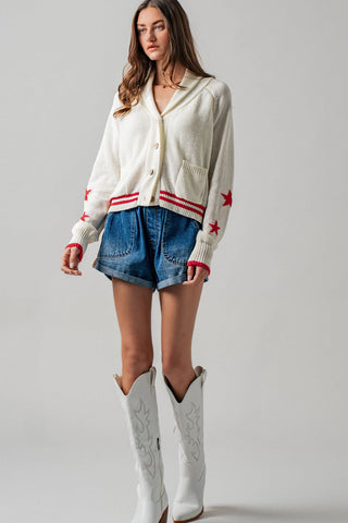 Patriotic American Flag Shawl Collar Cardigan Sweater- Urban Daizy
