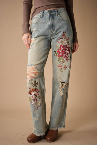 Blue B Floral Embroidered Wide-Leg Jeans – Light Wash